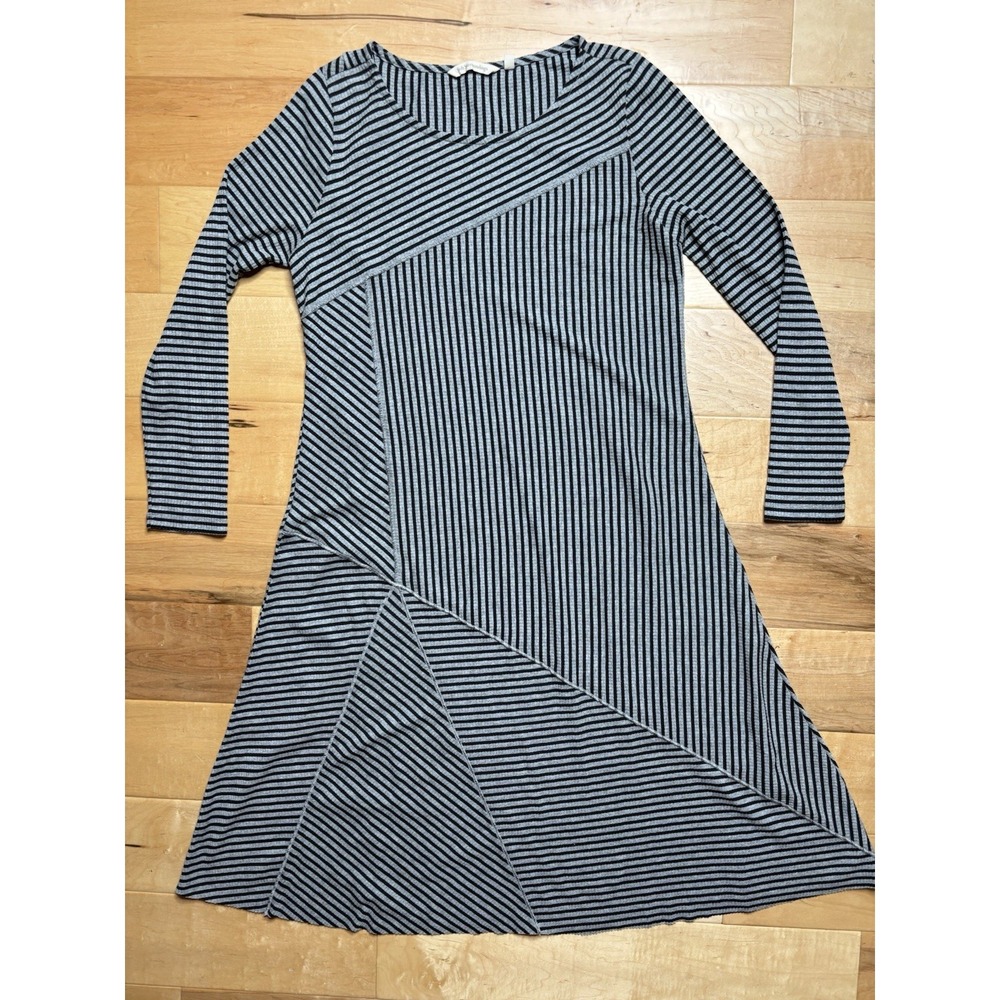 Soft Surroundings Long Sleeve Midi Dress M Gray‎ Black Stripes